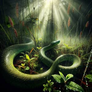 Olive Green Snake Slithering Through Lush Nature Scene