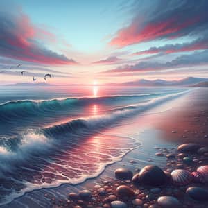 Tranquil Ocean Sunset with Seashells and Seagulls
