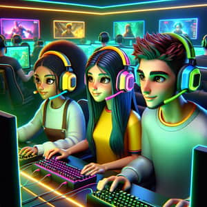 3D Cartoon: 2 Girls & 1 Guy Engrossed in Gaming Session
