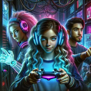Cyberpunk Gamer Friends: Neon Blue, Pink, Haptic Controls