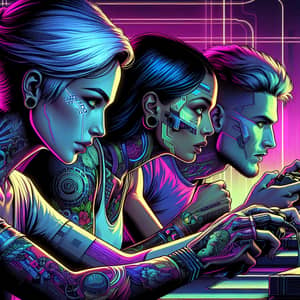 Futuristic Cyberpunk Scene with Intense Gamers in Vibrant Neon Colors