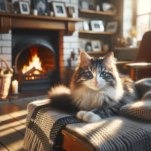 Fluffy Black and White Cat By the Fireplace - Tranquil Scene