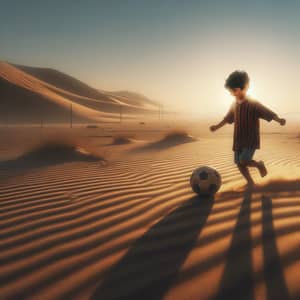 Middle-Eastern Child Playing Soccer in Vast Desert