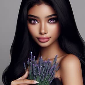 Enchanting South Asian Girl with Pink Eyes Holding Lavender