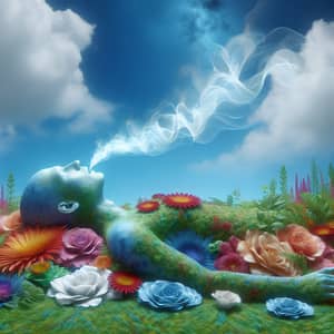 Transcendent Human Figure in Verdant Flower Field | Ethereal Sound Waves