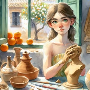 Andalusian Craft Workshop: Watercolor Painting of a Girl Sculpting a Bust