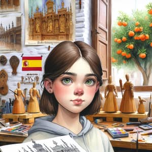 Watercolor Painting of 11-Year-Old Girl in Andalusian Workshop
