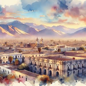 Watercolor Painting of Arequipa Cityscape with Majestic Mountains