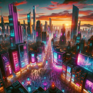 Vibrant Cityscape at Sunset: Cyberpunk Futuristic Scene