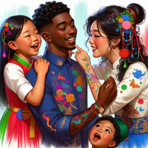 Vibrant Family Portrait: Black Mother bonding with Son & East Asian Daughter