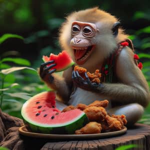 Anthropomorphic Monkey Feast: Watermelon & Fried Chicken Delight