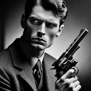 Vintage 1930s-inspired Black and White Portrait with Guy Holding Classic Gun