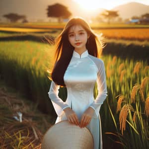 Vietnamese Girl in Ao Dai Dress at Sunset in Paddy Field
