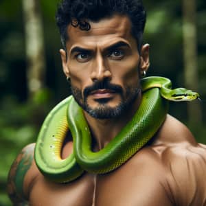 Harmonious Encounters: Fearless Hispanic Man with Green Snake