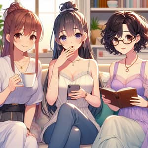 Lively Everyday Life Anime Scene with Three Cute Women