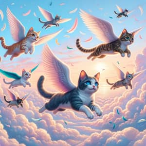 Whimsical Flying Cats: Magical Adventure in Pastel Sky