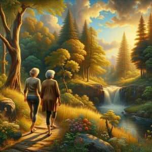 Artistic Image: Two Mature Women in Leggings Wandering in a Lush Forest with Small Waterfall
