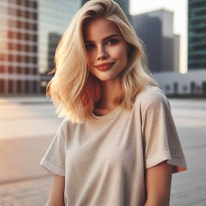 Relaxed Urban Style: Smiling Caucasian Woman in Casual Attire
