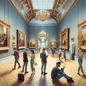 Neglected Art Gallery: Diverse Visitors Ignoring Splendid Artworks