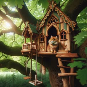 Fluffy Orange Tabby Cat in Enchanting Treehouse