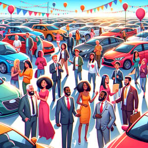 Diverse Car Dealership: Happy Customers, Balloons & Sunshine