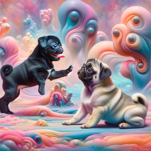 Dreamy Black Pug Puppy Playing with Adult Pug