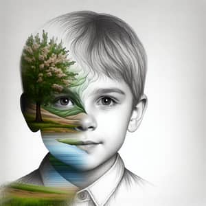 Intriguing Drawing of Young Boy with Nature Landscape Face