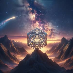 Realistic Mountain Landscape with Sacred Geometry Object at Sunset