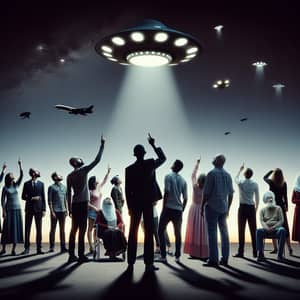 Diverse Crowd Observing UFO Arrival | Skywatchers Enthralled