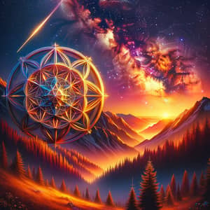 Vibrant Mountain Landscape with Sacred Geometry Object at Sunset