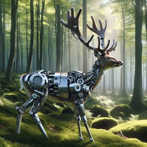 Cybernetic Deer: Nature Meets Machinery in Serene Forest Setting