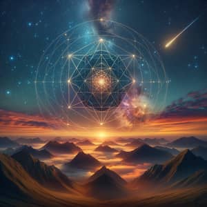 Surreal Mountain Landscape with Sacred Geometry Object | Sunset Sky