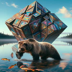 Majestic Grizzly Bear Fishing in Clear Water | Colorful Geometric Relic