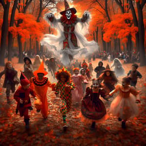 Vibrant Halloween Day Scene: Kids Playfully Run from Clown