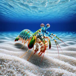 Realistic Mantis Shrimp on White Sand in Crystal Clear Water