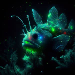 Ethereal Anglerfish Bioluminescence in Dark Abyss