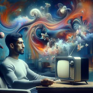 Dreamy South Asian Male Watching Retro TV | Illustrative Art