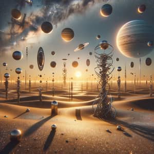 Surreal Desert Landscape with Planets: Otherworldly Scenery