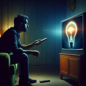 Thought-Provoking Image: South-Asian Man Entranced by TV Light Bulb