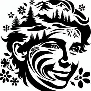 Nature-themed Black & White Stencil of Boy's Face