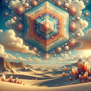 Colorful Geometric Pattern Floating Above Serene Desert with Giant Crystals