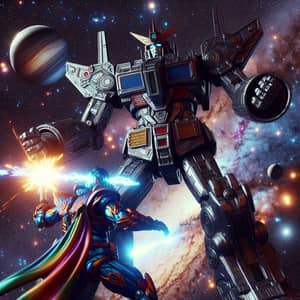 Intergalactic Robot Vs Colorful Superhero Battle in Outer Space