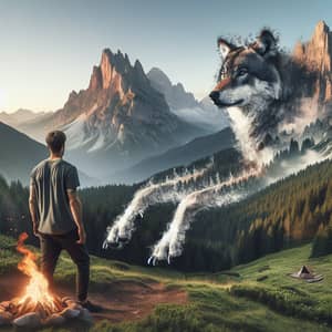Man Transforming into Wolf in Majestic Mountain Landscape
