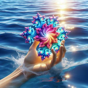Colorful Geometric Fractal Object Held by Hand Emerging from Water