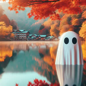 Child-like Ghost Floating above Serene Autumn Lake