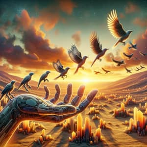 Bird Evolution in Sunset: Futuristic Desert Landscape