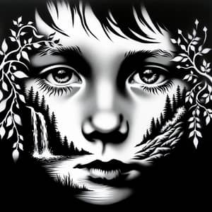 Stunning Black and White Stencil Art: Boy's Face Transforms into Nature Scene