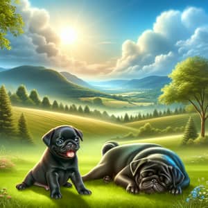 Black Pug Puppy Playing with Adult Pug in Serene Landscape