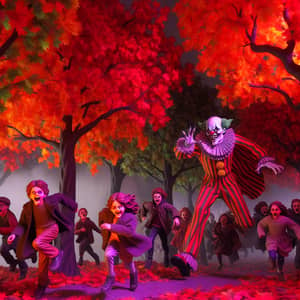 Vibrant Halloween Chaos: Children Fleeing Evil Clown
