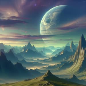 Surreal Mountain Landscape with Massive Planet and Metallic Object